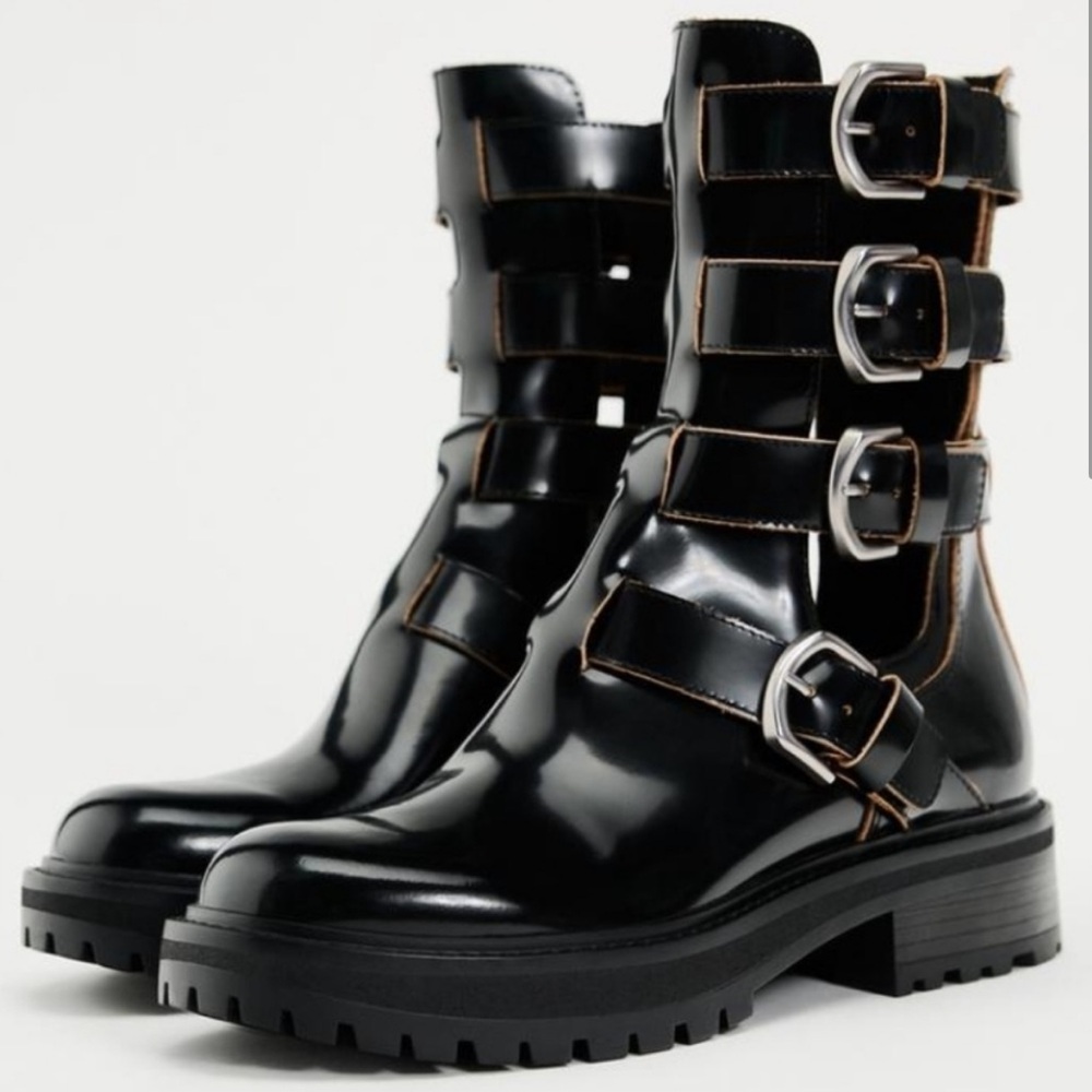 Zara leather buckle open leather boots